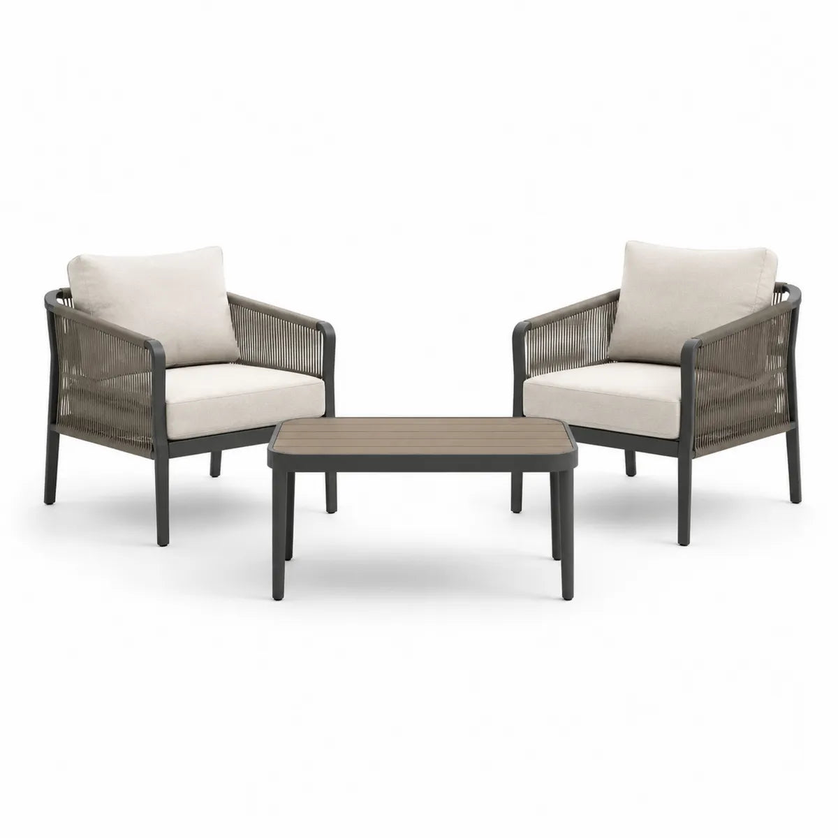 Zestaw mebli ogrodowych: 2 fotele i stolik kawowy aluminium/poliester/teak