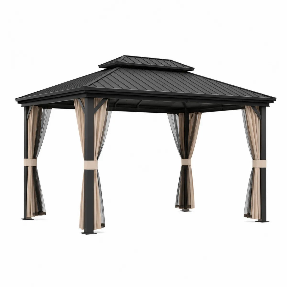 Czarna aluminiowa altana ogrodowa z siatką i zasłonami 360x360 cm