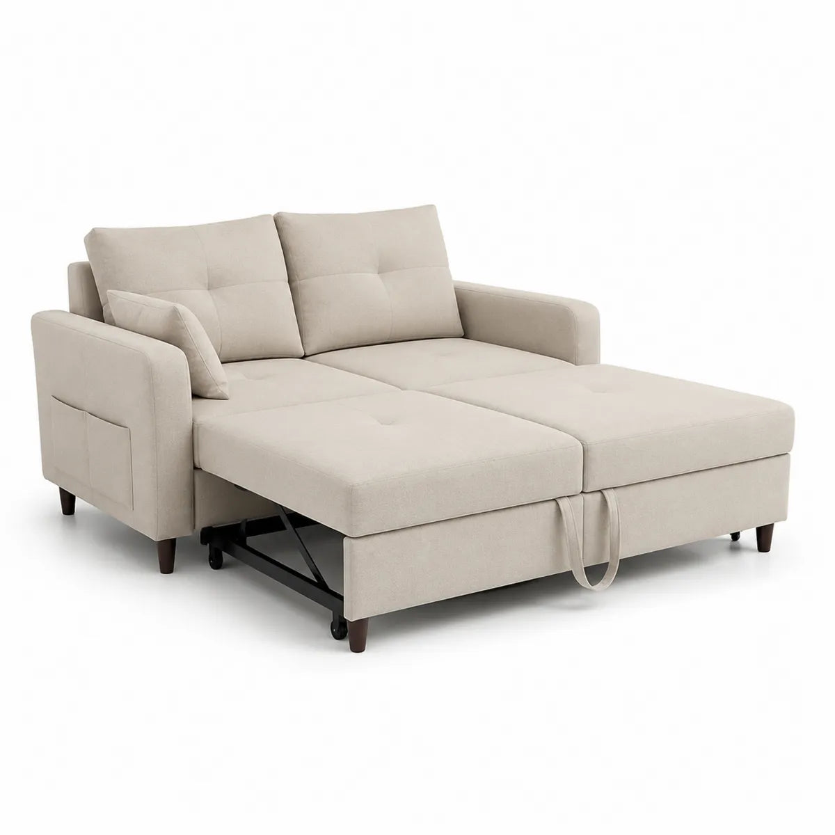 Sofa rozkładana beżowa z poduszkami poliester