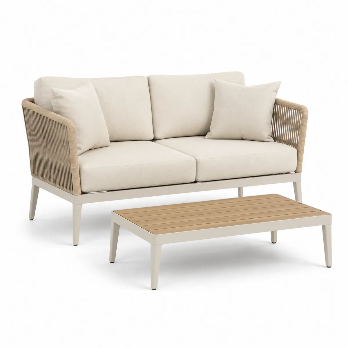 Zestaw ogrodowy sofa i stolik z aluminium i drewna, beżowy