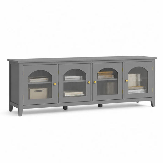 Szara szafka RTV z płyty MDF i szkłem falistym z 4 drzwiami 180x40x60 cm