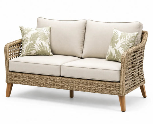 Sofa zewnętrzna rattanowa z beżowymi poduszkami 150 cm