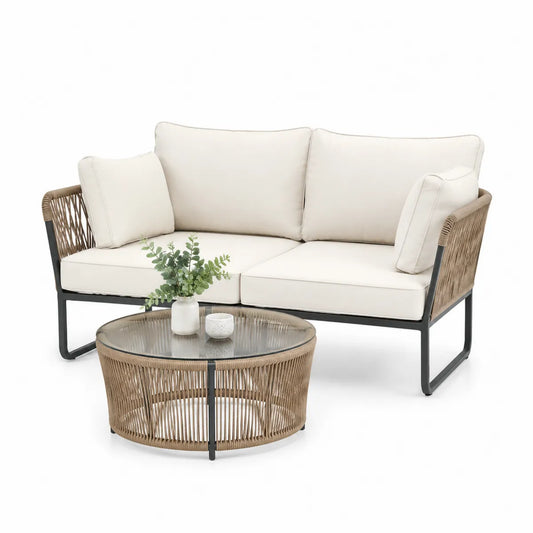 Zestaw sofa i stolik ogrodowy, metal, szkło hartowane
