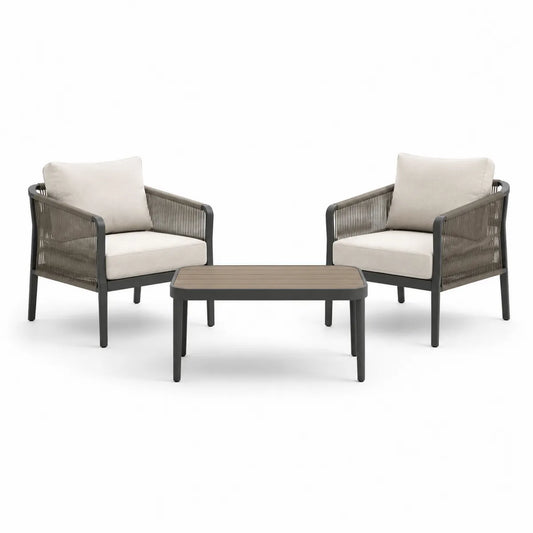 Zestaw mebli ogrodowych: 2 fotele i stolik kawowy aluminium/poliester/teak