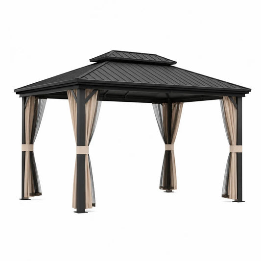 Czarna aluminiowa altana ogrodowa z siatką i zasłonami 360x360 cm