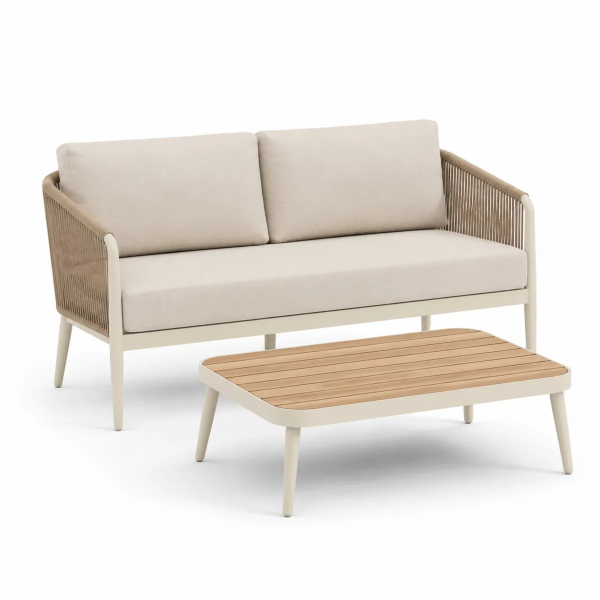 Zestaw sofa i stolik z aluminiowym stelażem, beżowy