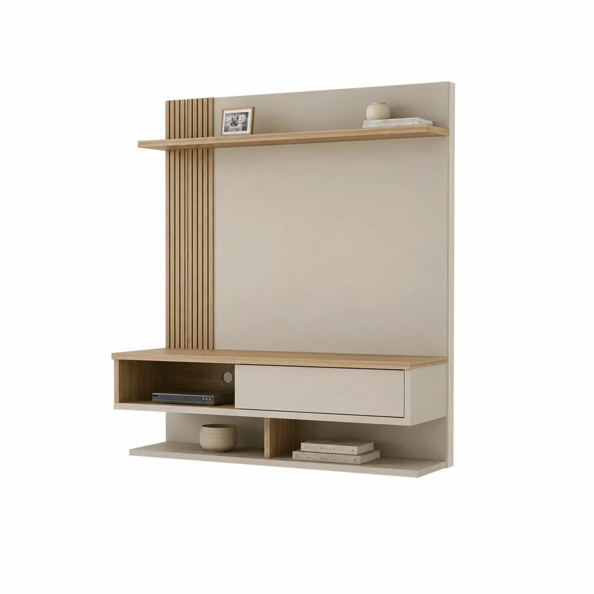 Wisząca szafka RTV z MDF i dębem 120x90x24 cm beżowa i dębowa