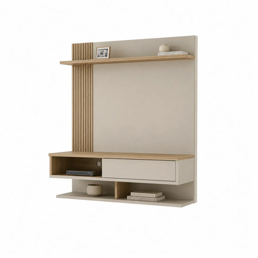 Wisząca szafka RTV z MDF i dębem 120x90x24 cm beżowa i dębowa