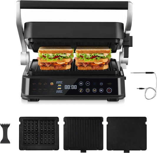 AMZCHEF grill elektryczny, Czujnik 4- in-1, Grill, Grill Panini i croque- monsieur, 2 pola grzewcze, 2000 W, 6 programów, Boost, zdejmowalny, XL 4-en-1