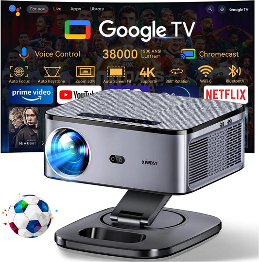 XIWBSY projektor, Google WiFi6 Smart TV, TV, 4K UHD, Wi-Fi, Bluetooth, Full HD, 4K wideo Kontrola wokalna, 38000 Lumen FHD, 360 ° Obrót, Auto Focus
