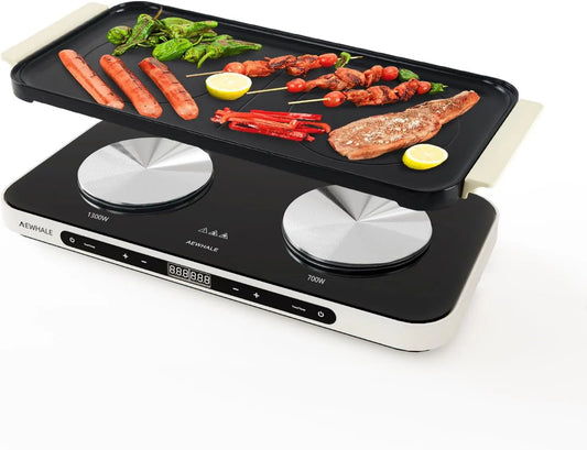 AEWHALE grill elektryczny, Płyta ze szkła ceramicznego, 2 pola grzewcze, 1300 W, 700 W, AEWHELE 1300 W + 700 W, zewnątrz, licznik, powłoka nieprzylegająca, 2 strefy temperatur