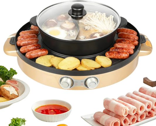 TkkMivcOC grill elektryczny, Naczynie do gotowania, 52x18.5 cm, 2200 W, powłoka non@-@ stick, przenośne, wyjmowane, Chiński Hot Pot 2 w 1 Składany aparat