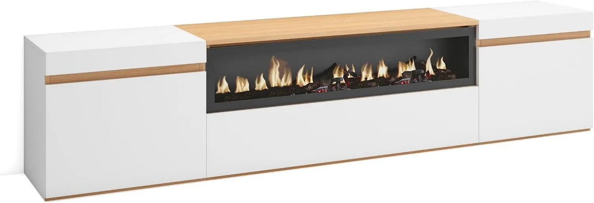 Skraut Home, Szafka TV, 80 cali, 200x45x35 cm, biały, elektryczny kominek