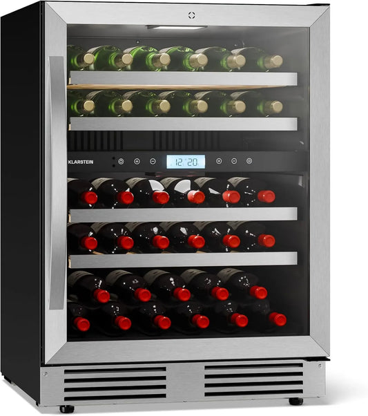 KLARSTEIN chłodziarka do wina, Winiarnia elektryczna, 43 butelki, built- in, z ekranem dotykowym, drzwi ze szkła UV, Built- w piwnicy z winem VeroSteel - Podwójna piwnica z winem
