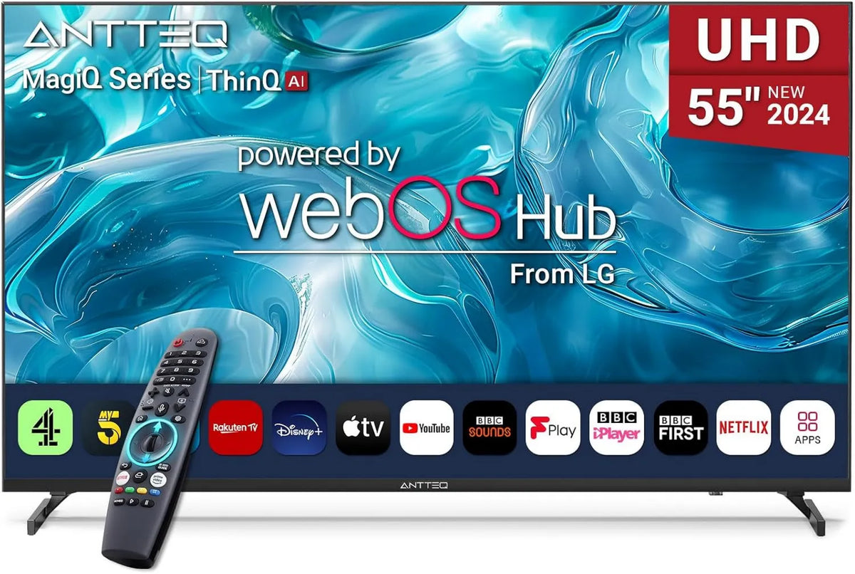Antteq telewizor, Inteligentny, 55 cali, TV, 4K UHD, webos, ThinQ AI MEMC współpracuje z Alexą 2024 czarny TV