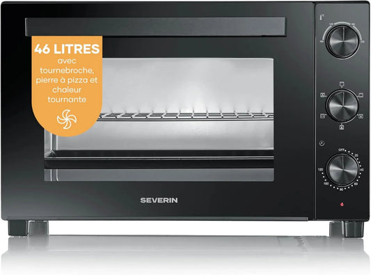 Severin mini piekarnik, Elektryczny piec do pizzy, 46 l, 800 W, zegar, czarny, TO 9025, Mini- Cztery z obrotowym ciepłem 46 l z kamienia pizzy i pod klamrą