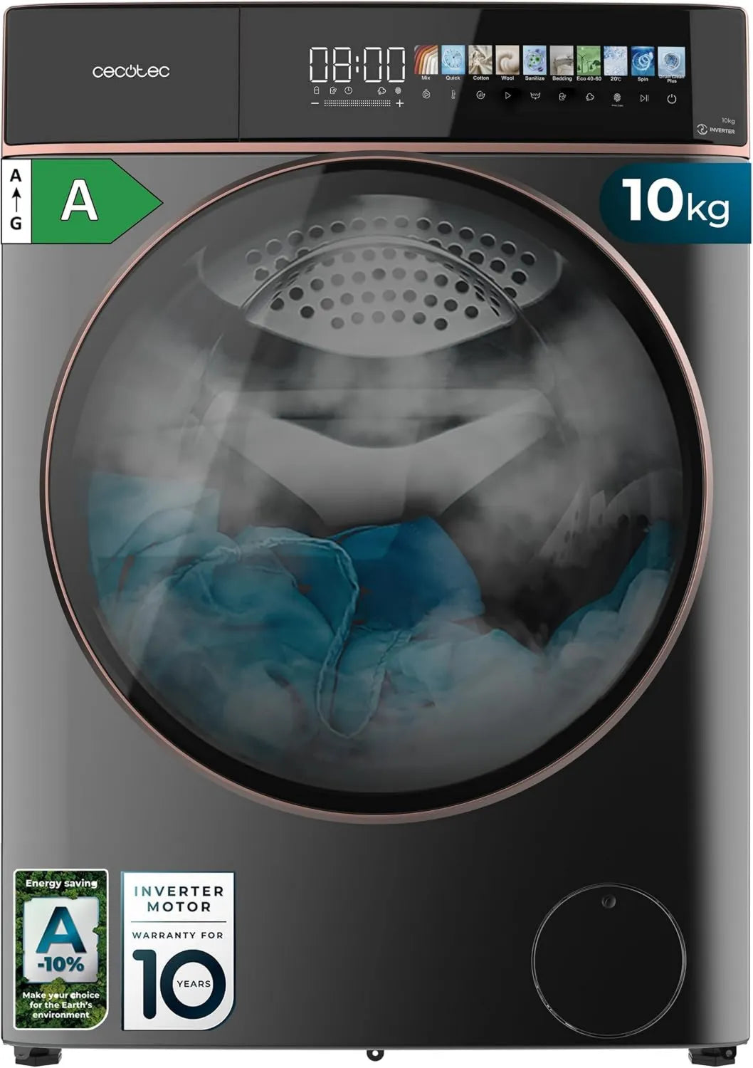 Cecotec pralka, Bolero DressCode 10900, 10, 3 cali, 11 programów, 10 kg, klasa energetyczna A, Inverter, 1400 obr./min, SteamMax, ekran 10, min